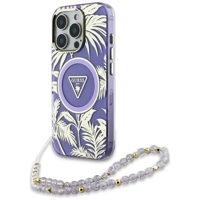 Guess Palm Trees Triangle Pearl Strap MagSafe Case for iPhone 16 Pro Max Purple - Cell phone cases