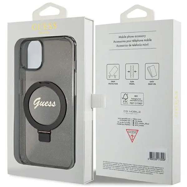 Guess Ring Stand Script Glitter MagSafe case for iPhone 15 - black - Cell phone cases and covers<<<HurtelXML