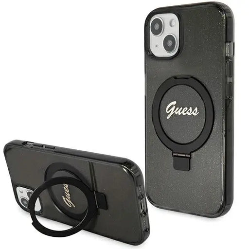 Guess Ring Stand Script Glitter MagSafe case for iPhone 15 - black - Cell phone cases and covers<<<HurtelXML