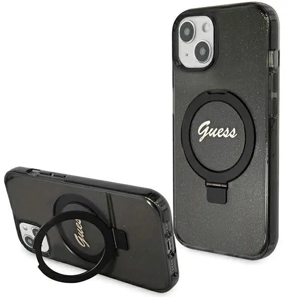 Guess Ring Stand Script Glitter MagSafe case for iPhone 15 - black - Cell phone cases and covers<<<HurtelXML