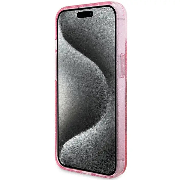 Guess Ring Stand Script Glitter MagSafe case for iPhone 15 Plus / 14 Plus - pink - Cell phone cases