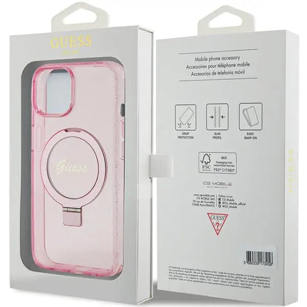 Guess Ring Stand Script Glitter MagSafe case for iPhone 15 Plus / 14 Plus - pink - Cell phone cases