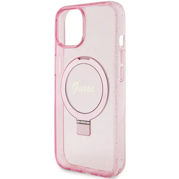 Guess Ring Stand Script Glitter MagSafe case for iPhone 15 Plus / 14 Plus - pink - Cell phone cases