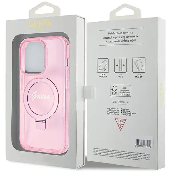 Guess Ring Stand Script Glitter MagSafe case for iPhone 15 Pro Max - pink - Cell phone cases and covers<<<HurtelXML