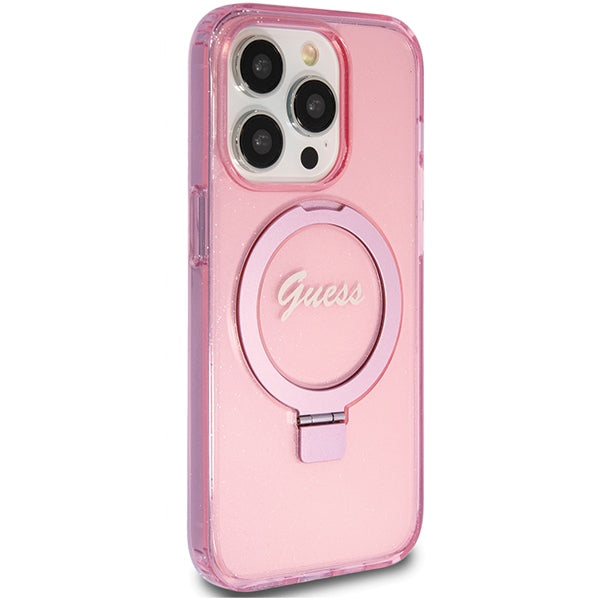 Guess Ring Stand Script Glitter MagSafe case for iPhone 15 Pro - pink - Cell phone cases and covers<<<HurtelXML