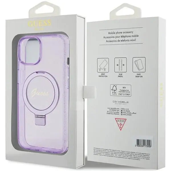 Guess Ring Stand Script Glitter MagSafe case for iPhone 15 - purple - Cell phone cases and covers<<<HurtelXML
