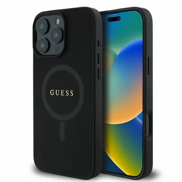Guess Saffiano Classic Logo MagSafe iPhone 16 Pro Case - Black - Cell phone cases and covers<<<HurtelXML