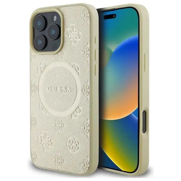 Guess Saffiano Peony Classic Logo MagSafe case for iPhone 16 Pro Max - gold - Cell phone cases and covers<<<HurtelXML