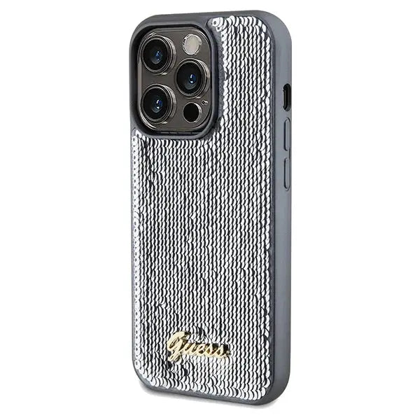 Guess Sequin Script Metal case for iPhone 14 Pro - silver - Cell phone cases and covers<<<HurtelXML