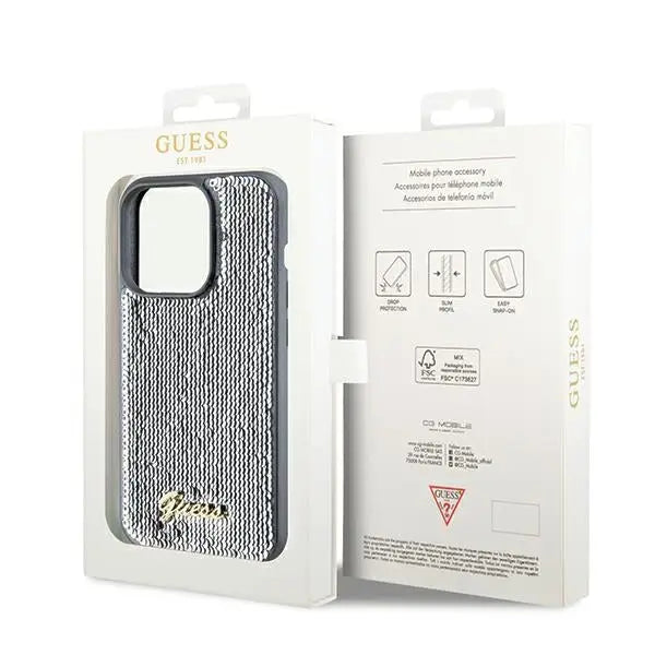 Guess Sequin Script Metal case for iPhone 14 Pro - silver - Cell phone cases and covers<<<HurtelXML