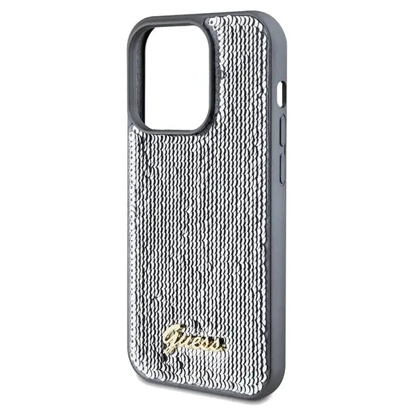 Guess Sequin Script Metal case for iPhone 14 Pro - silver - Cell phone cases and covers<<<HurtelXML