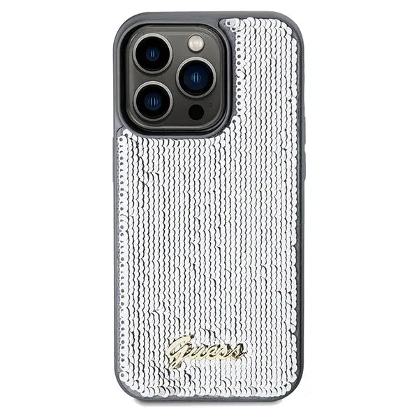 Guess Sequin Script Metal case for iPhone 14 Pro - silver - Cell phone cases and covers<<<HurtelXML