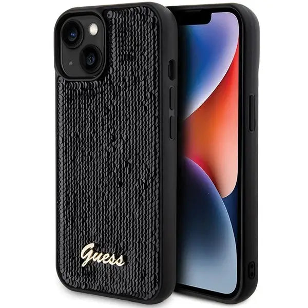 Guess Sequin Script Metal case for iPhone 15 - black - Cell phone cases and covers<<<HurtelXML