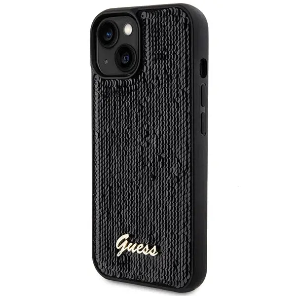 Guess Sequin Script Metal case for iPhone 15 - black - Cell phone cases and covers<<<HurtelXML