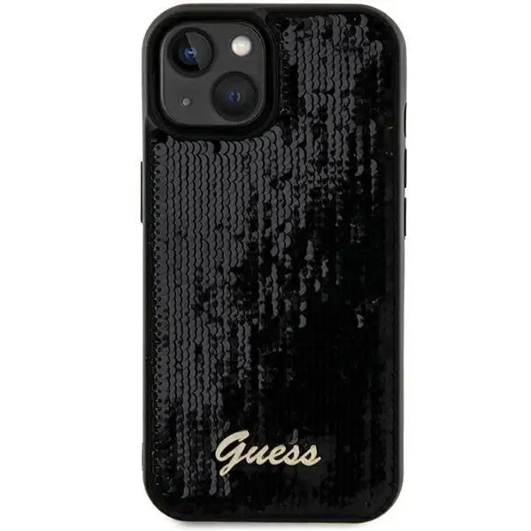 Guess Sequin Script Metal case for iPhone 15 - black - Cell phone cases and covers<<<HurtelXML