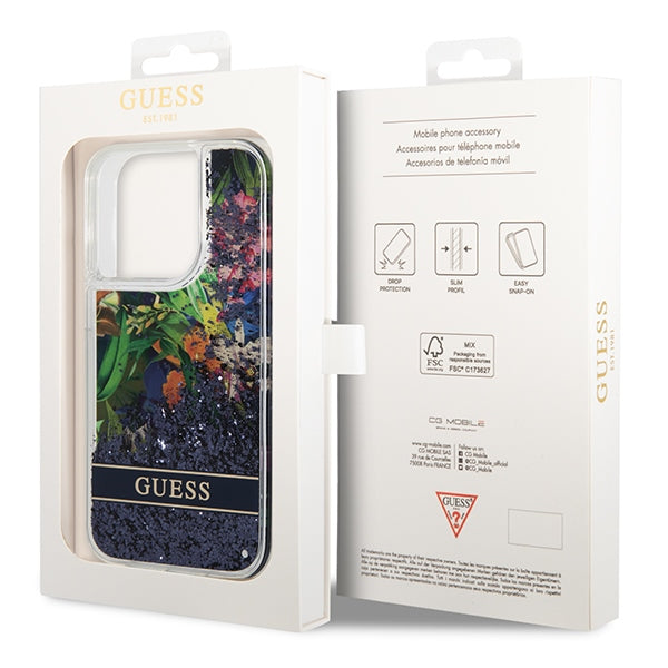 Guess Flower Liquid Glitter case for iPhone 14 Pro Max - blue
