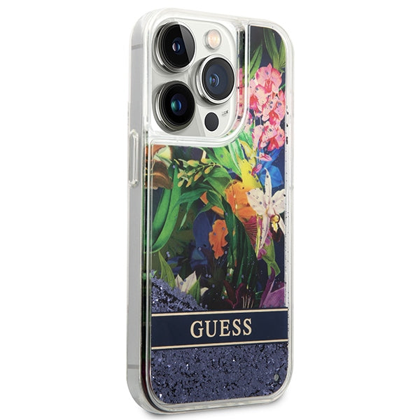 Guess Flower Liquid Glitter case for iPhone 14 Pro Max - blue