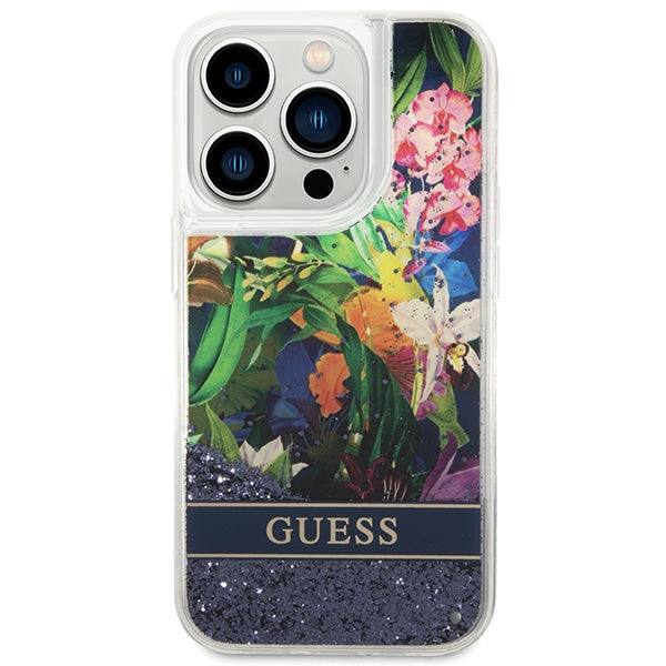 Guess Flower Liquid Glitter case for iPhone 14 Pro Max - blue