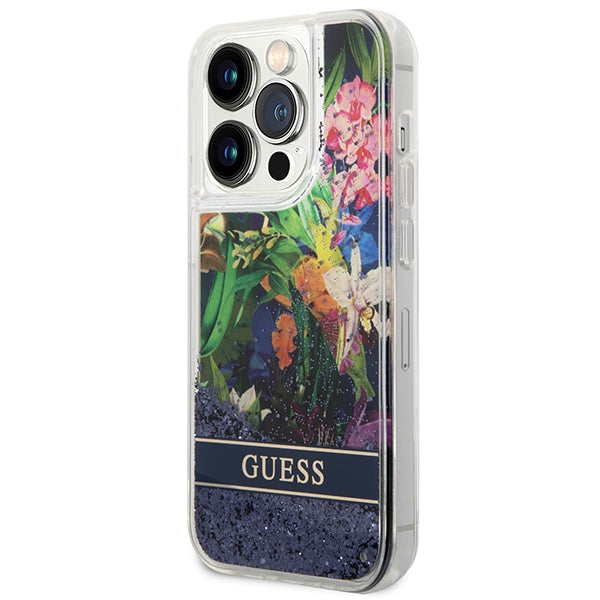 Guess Flower Liquid Glitter case for iPhone 14 Pro Max - blue
