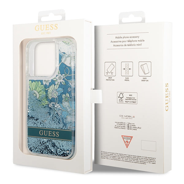Guess Flower Liquid Glitter case for iPhone 14 Pro Max - green