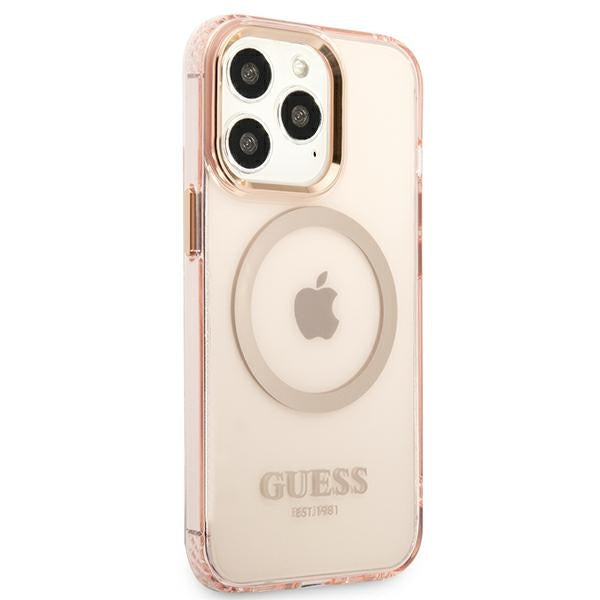 Guess Gold Outline Translucent MagSafe case for iPhone 13 Pro Max - pink