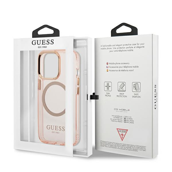 Guess Gold Outline Translucent MagSafe case for iPhone 13 Pro Max - pink