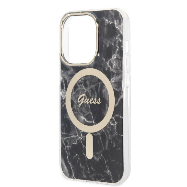 Set Guess GUBPP14LHMEACSK Case+ Charger iPhone 14 Pro 6.1" black/black hard case Marble MagSafe