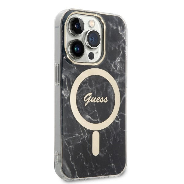 Set Guess GUBPP14LHMEACSK Case+ Charger iPhone 14 Pro 6.1" black/black hard case Marble MagSafe