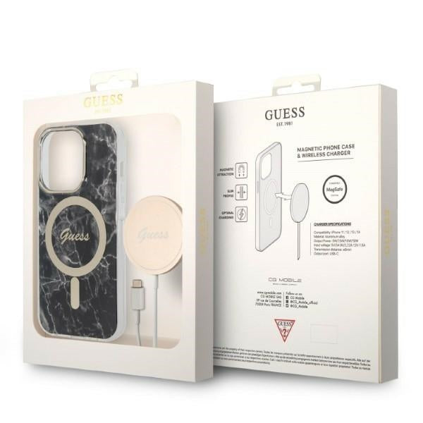 Set Guess GUBPP14LHMEACSK Case+ Charger iPhone 14 Pro 6.1" black/black hard case Marble MagSafe