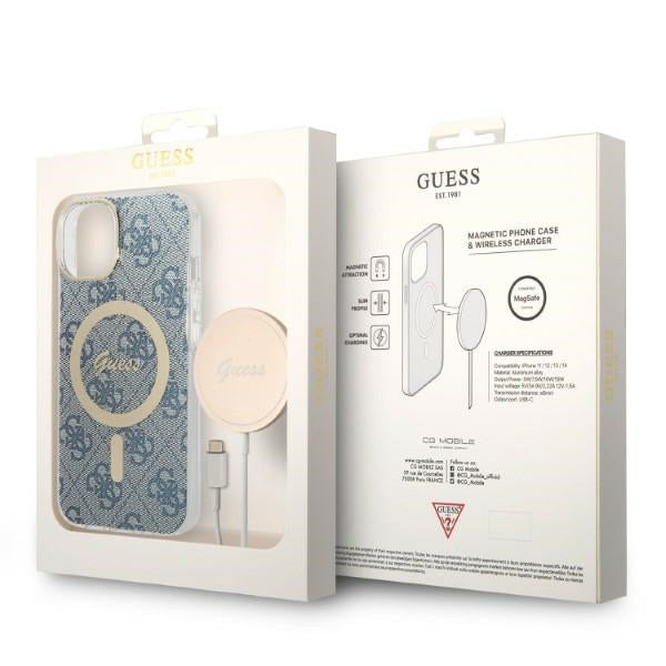 Set Guess GUBPP14MH4EACSB Case+ Charger iPhone 14 Plus 6.7" blue/blue hard case 4G Print MagSafe
