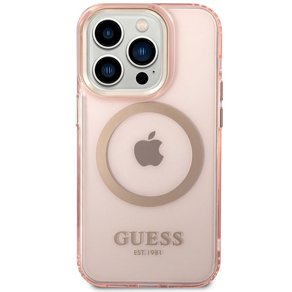 Guess GUHMP14XHTCMP iPhone 14 Pro Max 6.7" pink/pink hard case Gold Outline Translucent MagSafe