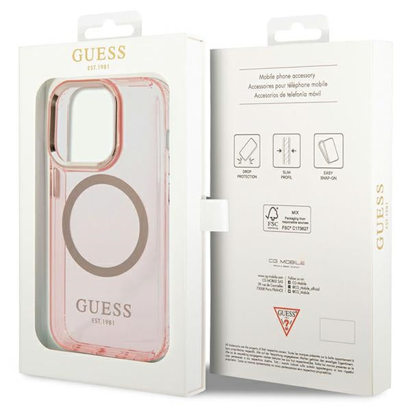 Guess GUHMP14XHTCMP iPhone 14 Pro Max 6.7" pink/pink hard case Gold Outline Translucent MagSafe
