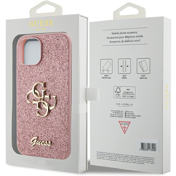 Guess Glitter Script Big 4G case for iPhone 15 - pink