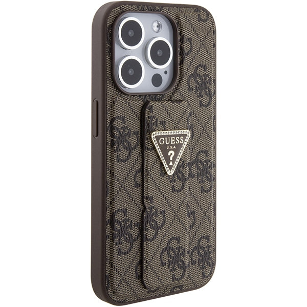 Guess Grip Stand 4G Triangle Strass case for iPhone 15 Pro - brown