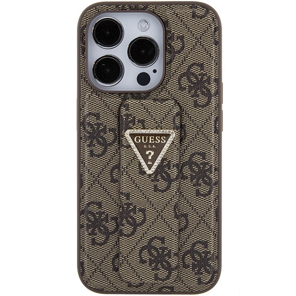 Guess Grip Stand 4G Triangle Strass case for iPhone 15 Pro - brown