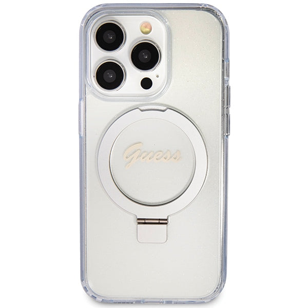 Guess Ring Stand Script Glitter MagSafe case for iPhone 15 Pro - transparent