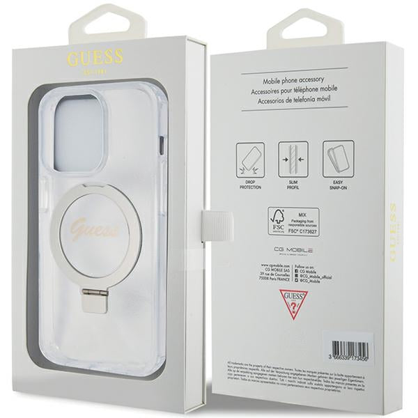 Guess Ring Stand Script Glitter MagSafe case for iPhone 15 Pro - transparent