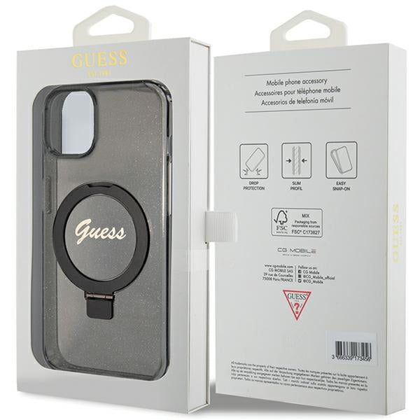 Guess Ring Stand Script Glitter MagSafe Case for iPhone 15 Plus / 14 Plus - Black