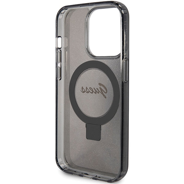 Guess Ring Stand Script Glitter MagSafe case for iPhone 15 Pro Max - black