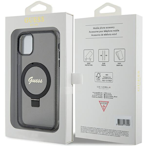 Guess Ring Stand Script Glitter MagSafe case for iPhone 11 / Xr - black