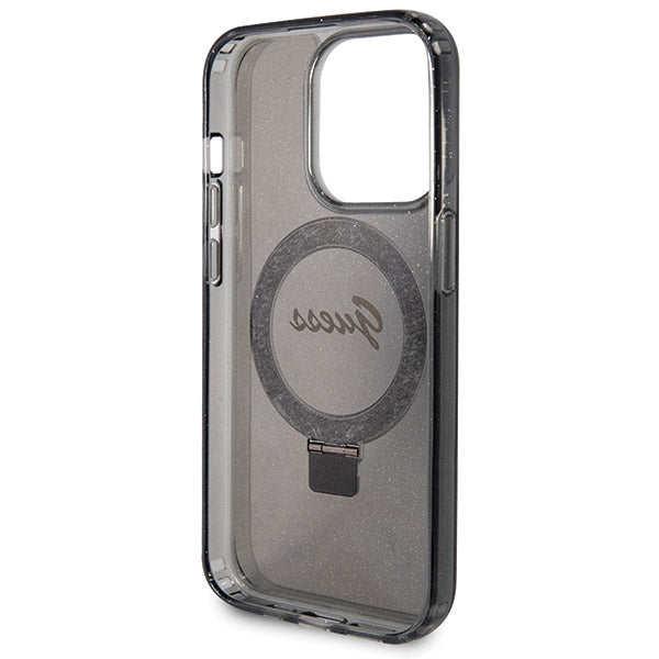 Guess Ring Stand Script Glitter MagSafe case for iPhone 14 Pro Max - black