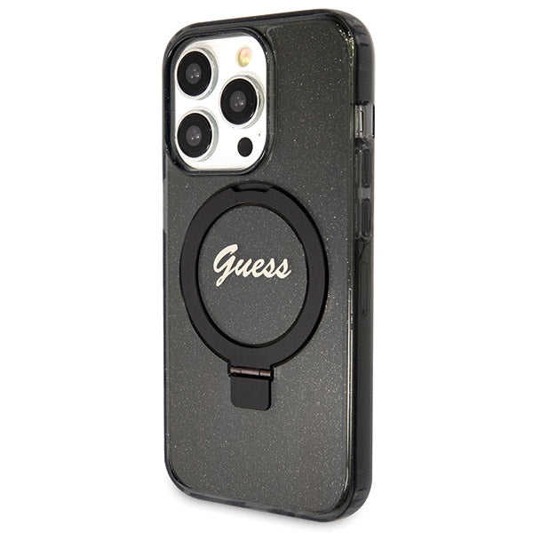 Guess Ring Stand Script Glitter MagSafe case for iPhone 14 Pro Max - black