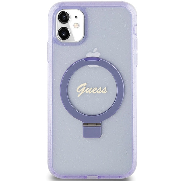Guess Ring Stand Script Glitter MagSafe case for iPhone 11 / Xr - purple