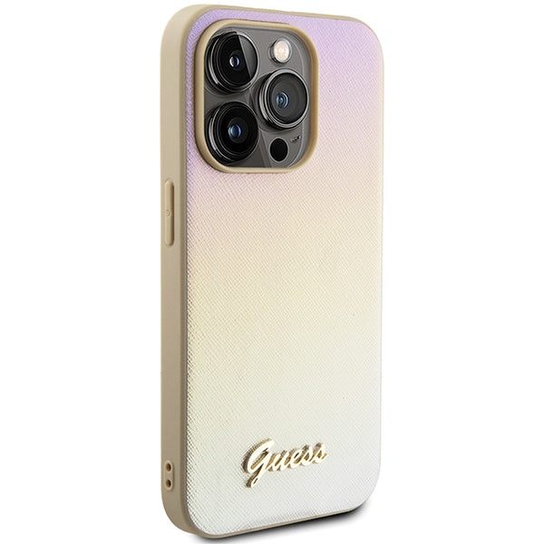 Guess Saffiano Iridescent Script case for iPhone 15 Pro - gold
