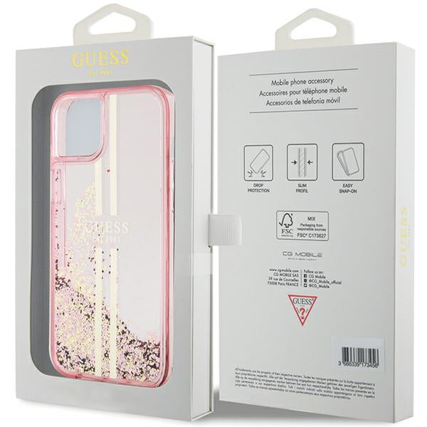 Guess Liquid Glitter Gold Stripes case for iPhone 15 Plus / 14 Plus - pink