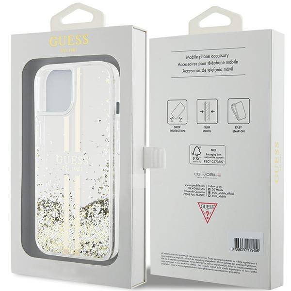 Guess Liquid Glitter Gold Stripes case for iPhone 15 Plus / 14 Plus - transparent