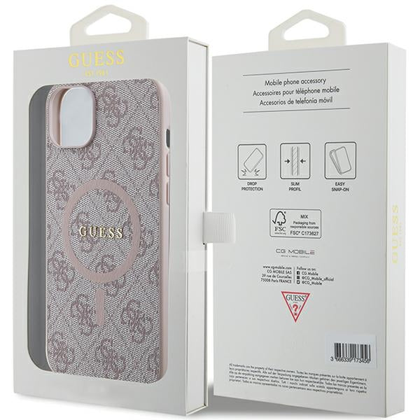 Guess 4G Collection Leather Metal Logo MagSafe Case for iPhone 14/15/13 - Pink