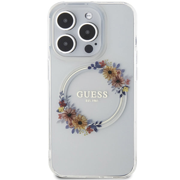 Guess IML Flowers Wreatch MagSafe case for iPhone 15 Pro - transparent