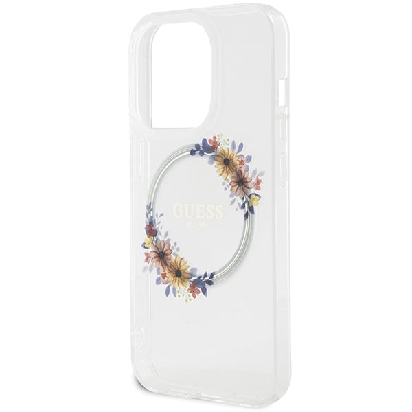 Guess IML Flowers Wreatch MagSafe case for iPhone 15 Pro - transparent