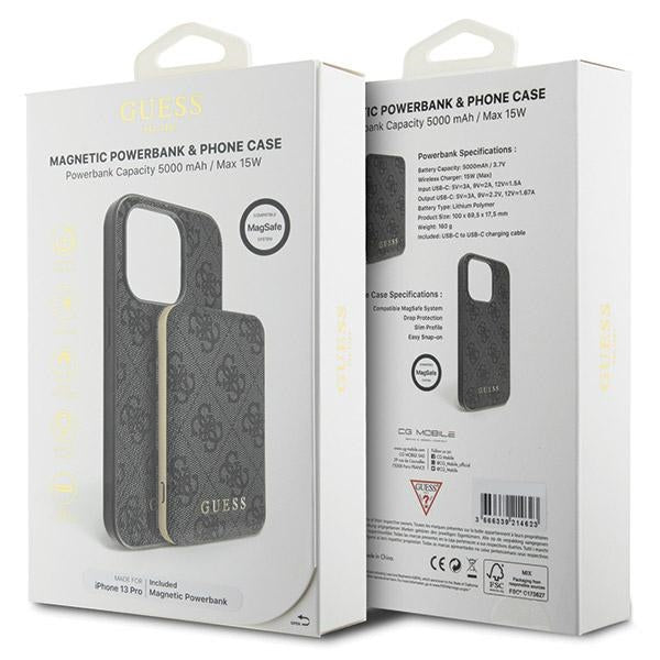 Guess 4G Metal Logo case set for iPhone 13 Pro + 5000mAh MagSafe power bank - black